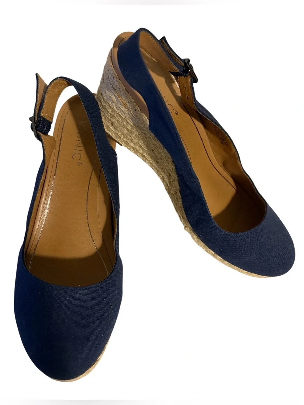 Vionic Coralina Navy Blue Slingback Wedge Espadrilles Orthotic Comfort Size 11W